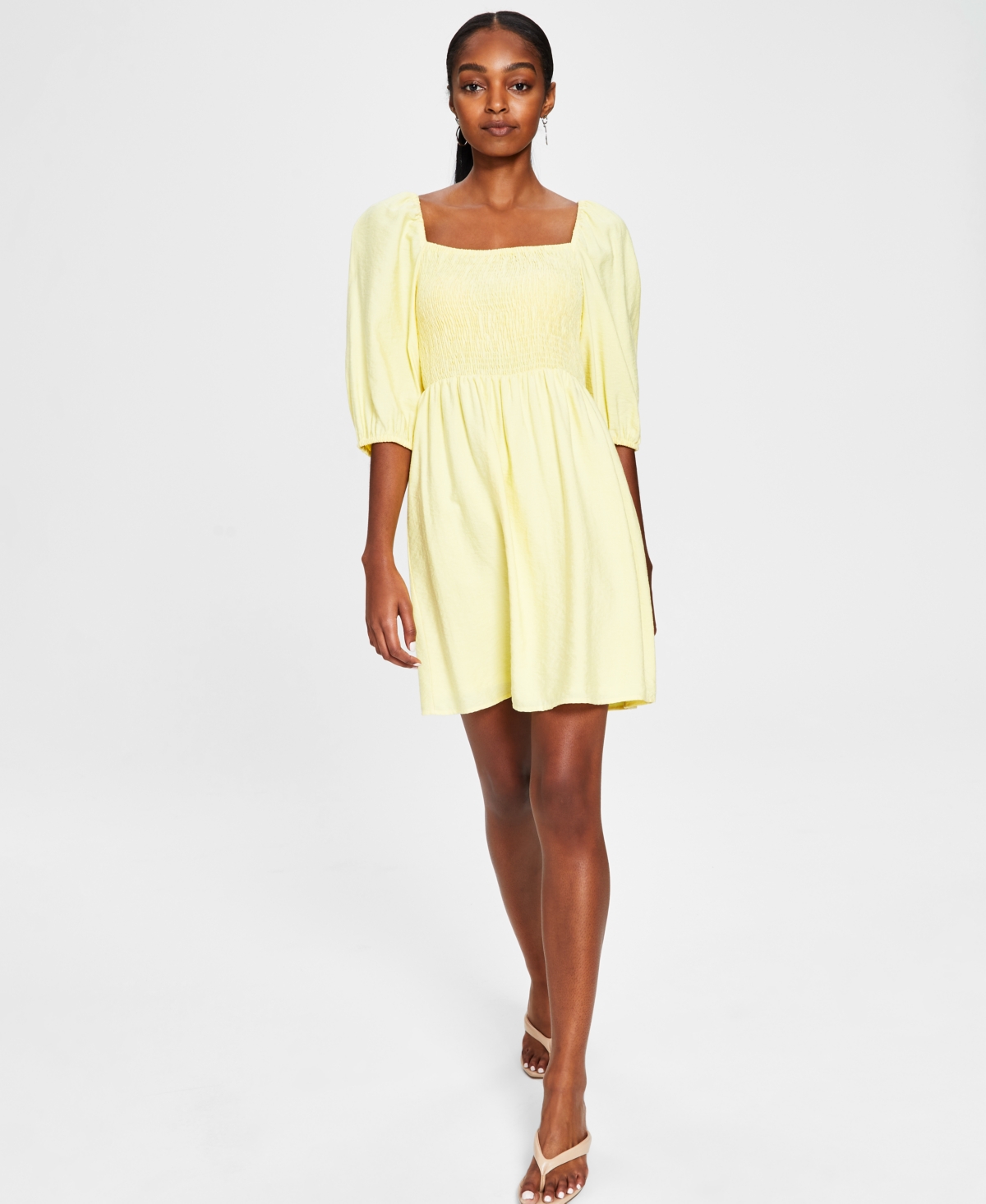 Bar Iii Women's Smocked Puff-sleeve Fit & Flare Dress, Created For Macy's In Citrus Glow