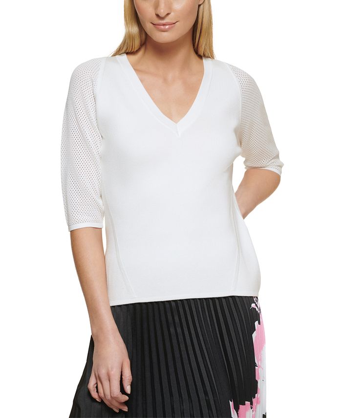 DKNY Mesh Sleeve V Neck Sweater Macy s
