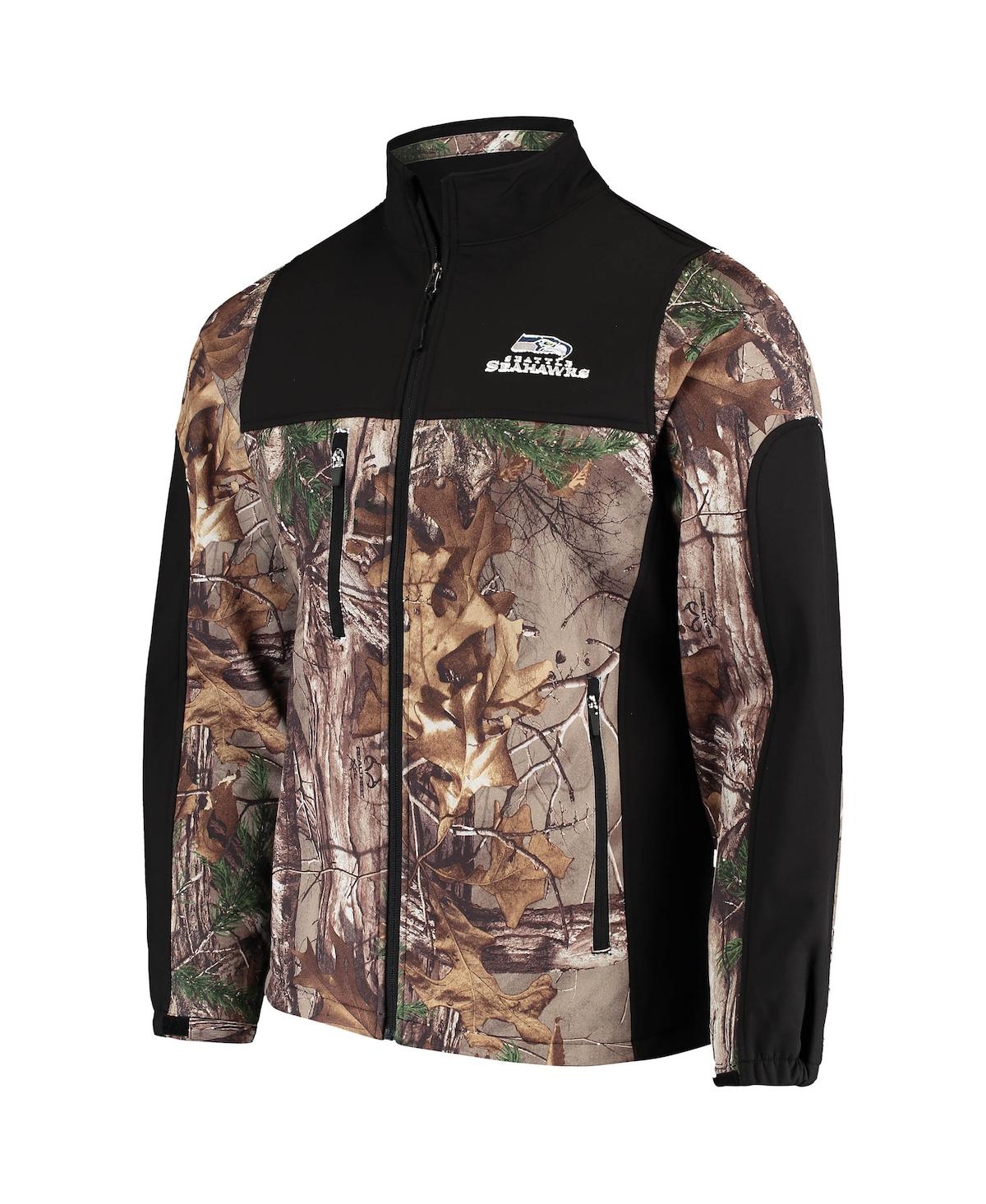 DUNBROOKE MEN'S DUNBROOKE REALTREE CAMO AND BLACK SEATTLE SEAHAWKS CIRCLE HUNTER SOFTSHELL FULL-ZIP JACKET 