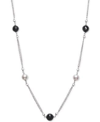 Belle de Mer - Cultured Freshwater Pearl (7-8mm) & Onyx Bead Statement Necklace in Sterling Silver, 18" + 2" extender