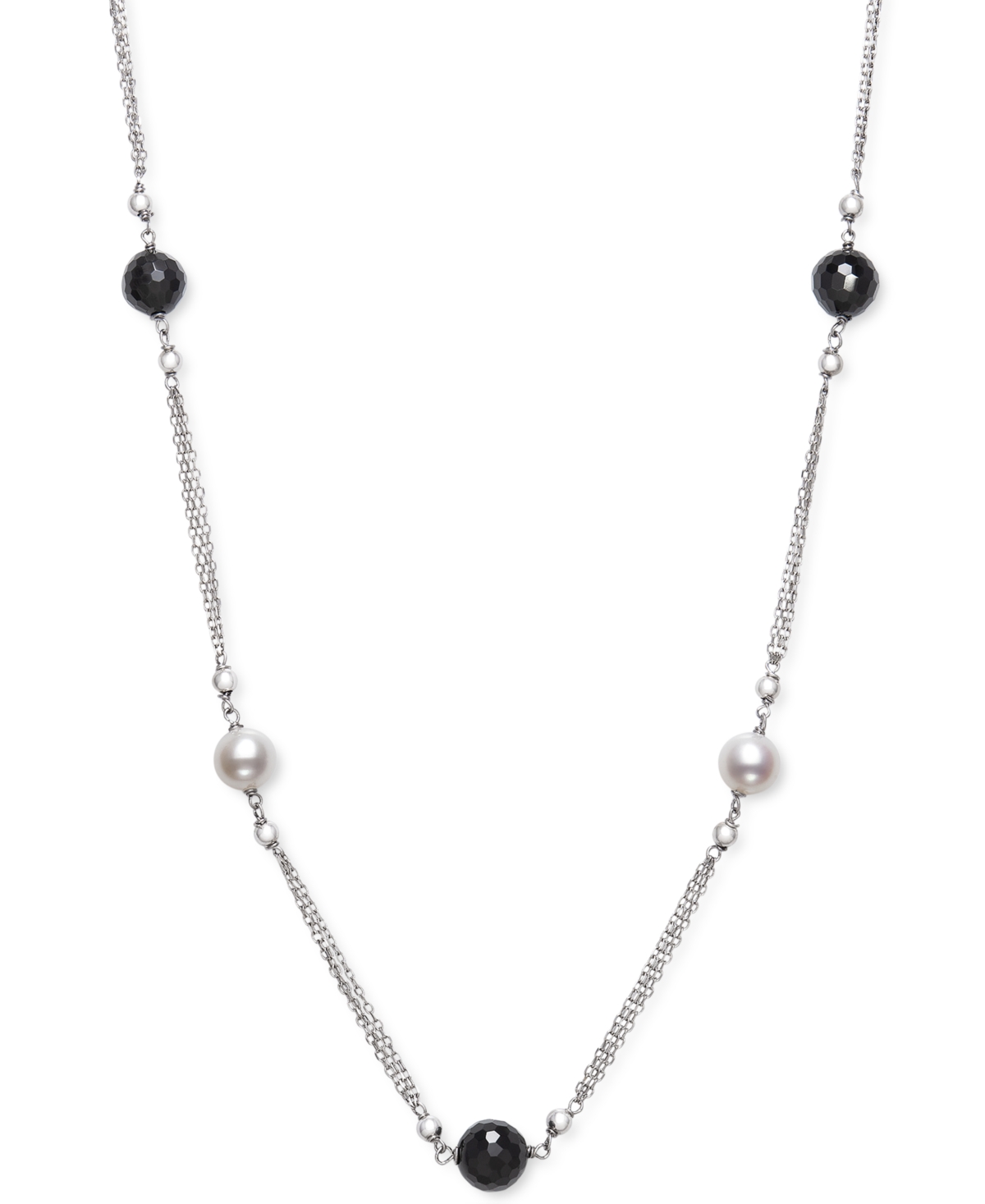 Cultured Freshwater Pearl (7-8mm) & Onyx Bead Statement Necklace in Sterling Silver, 18" + 2" extender, Created for Macy's - Sterling Sil