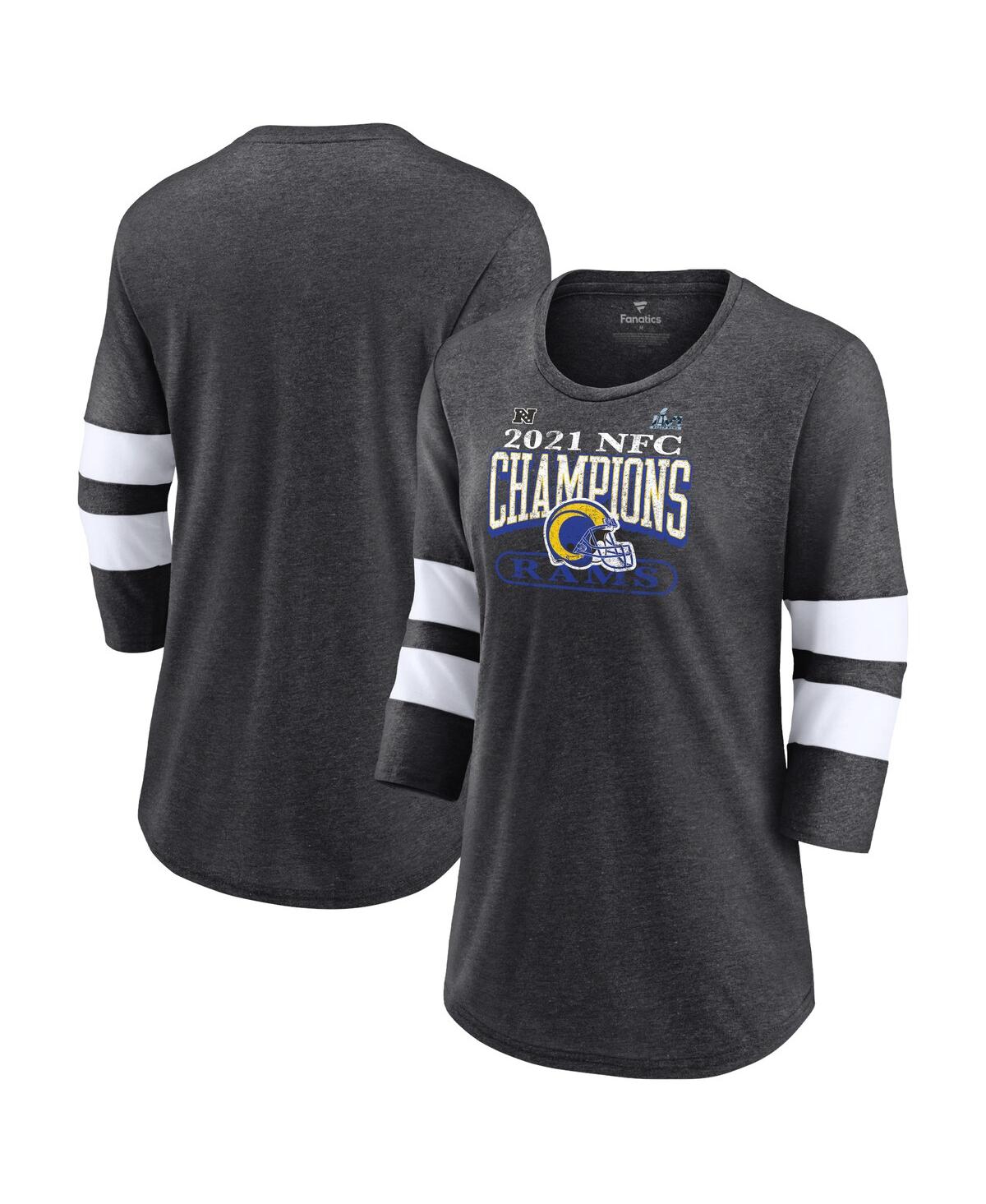 Women's FanaticsLos Angeles Rams Super Bowl Lvi Bound Classic Play Stripe 3/4-Sleeve Scoop Neck T-shirt - Heathered Charcoal