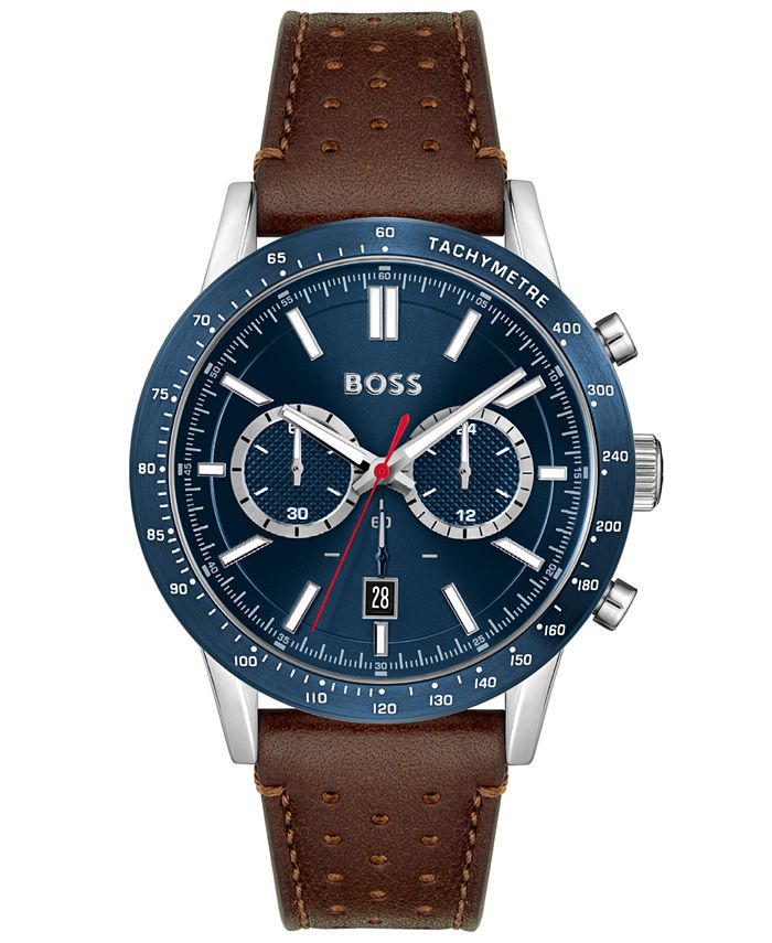 BOSS - Men's Chronograph Brown Leather Strap Watch 44mm