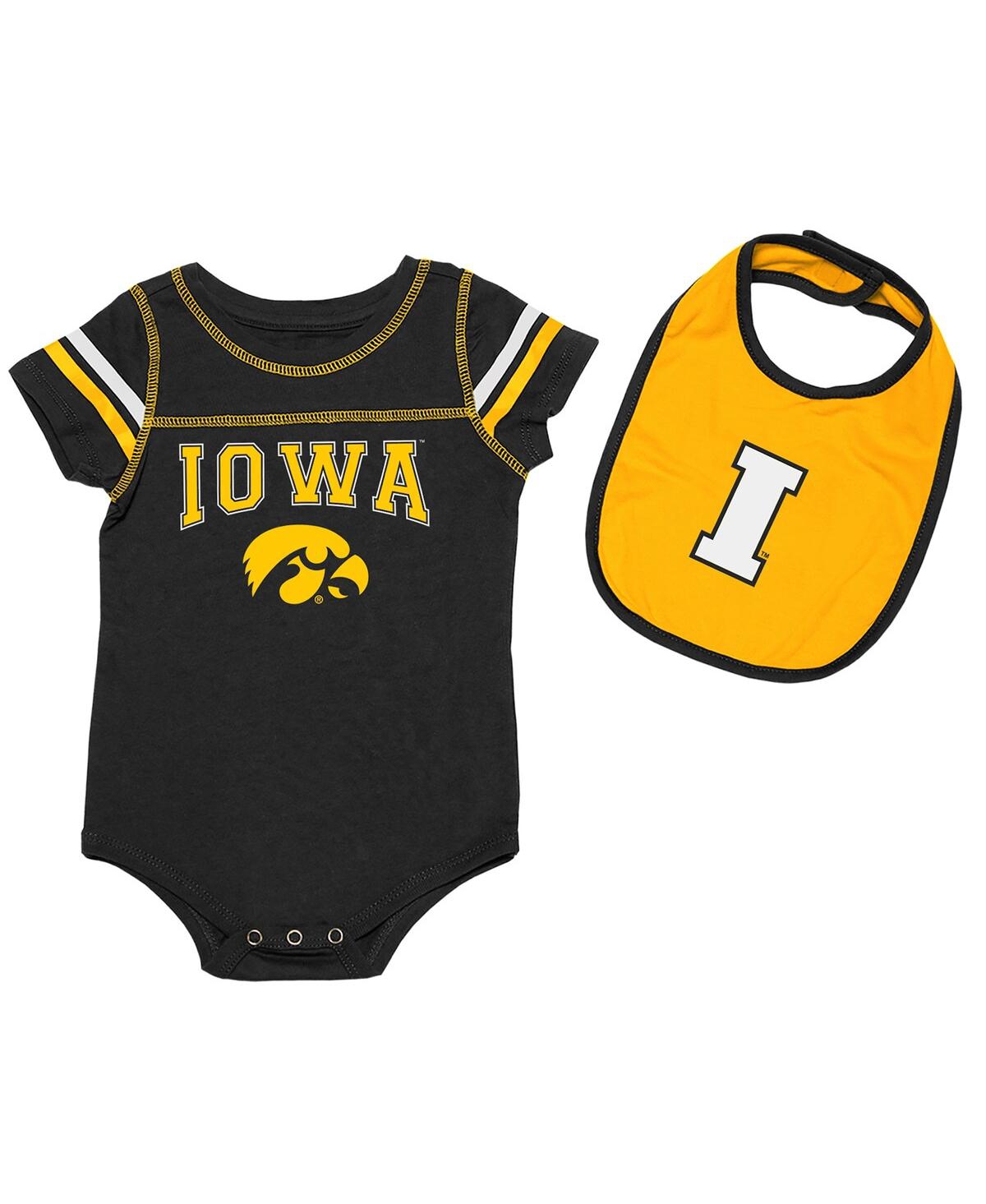 Colosseum Babies' Newborn And Infant Girls And Boys Black, Gold Iowa Hawkeyes Chocolate Bodysuit And Bib Set In Black,gold