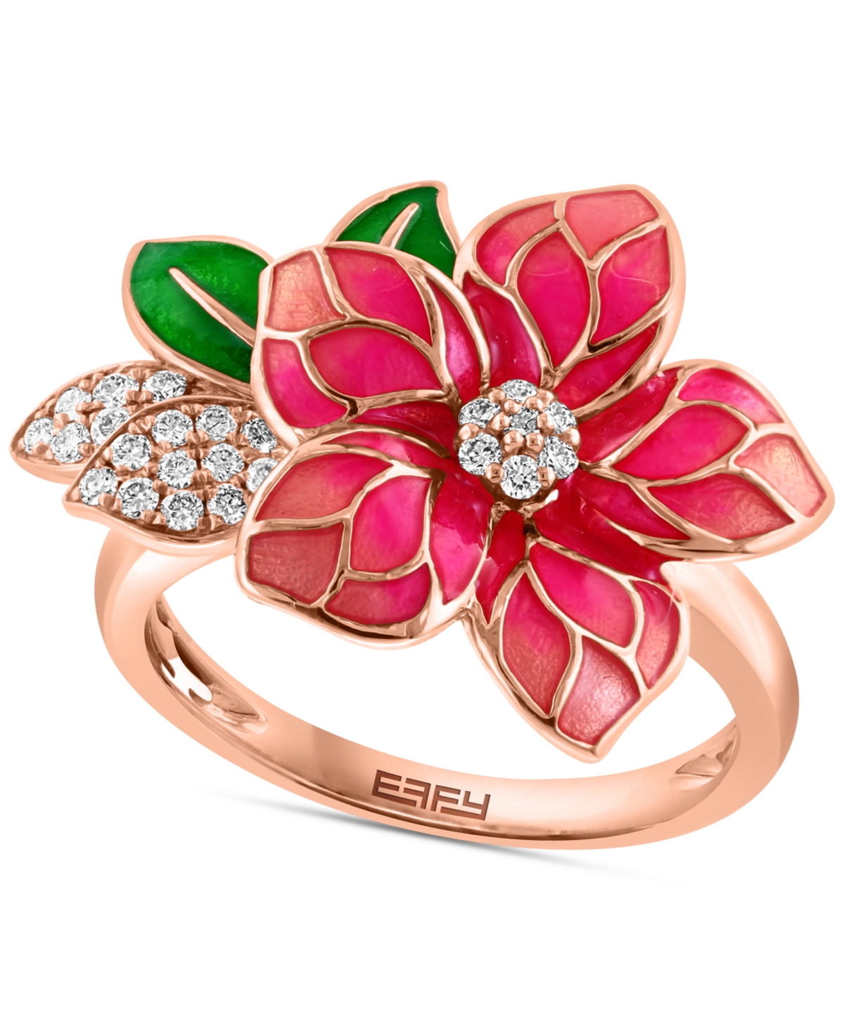 Shop Effy Collection Effy Pink & Green Enamel & Diamond Flower Ring (1/5 Ct. T.w.) In 14k Rose Gold