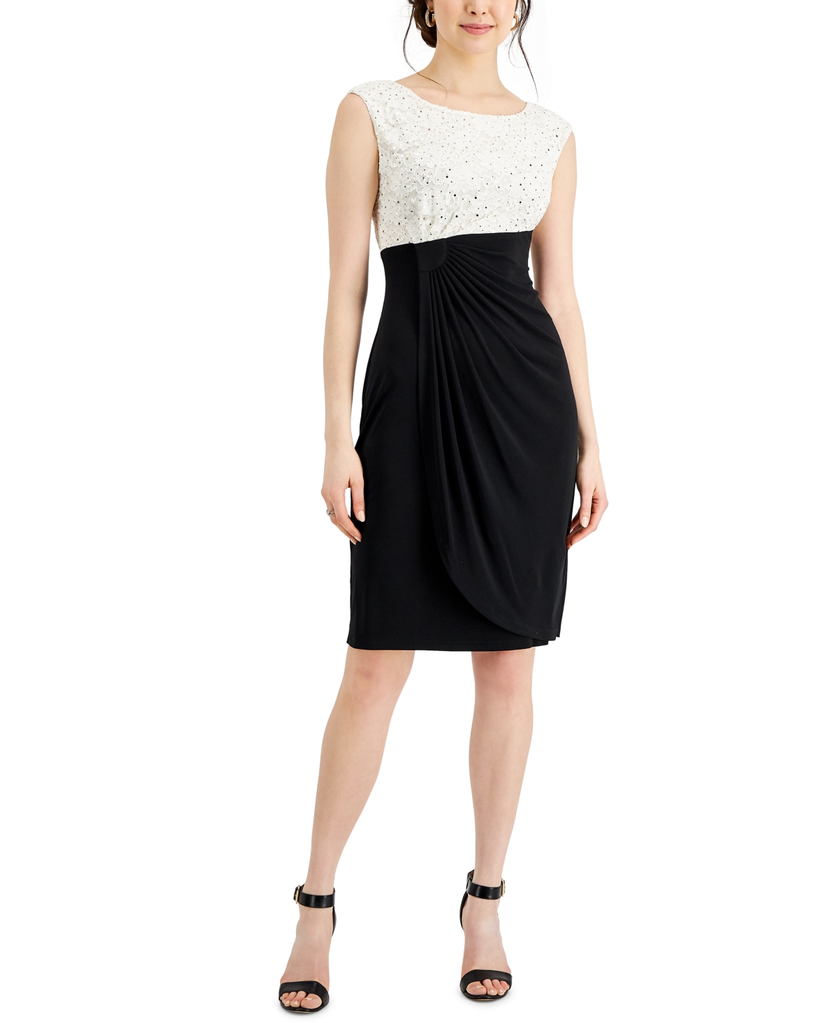 connected lace sheath dress Connected Petite Lace Cowlneck Pull-On Sheath Dress