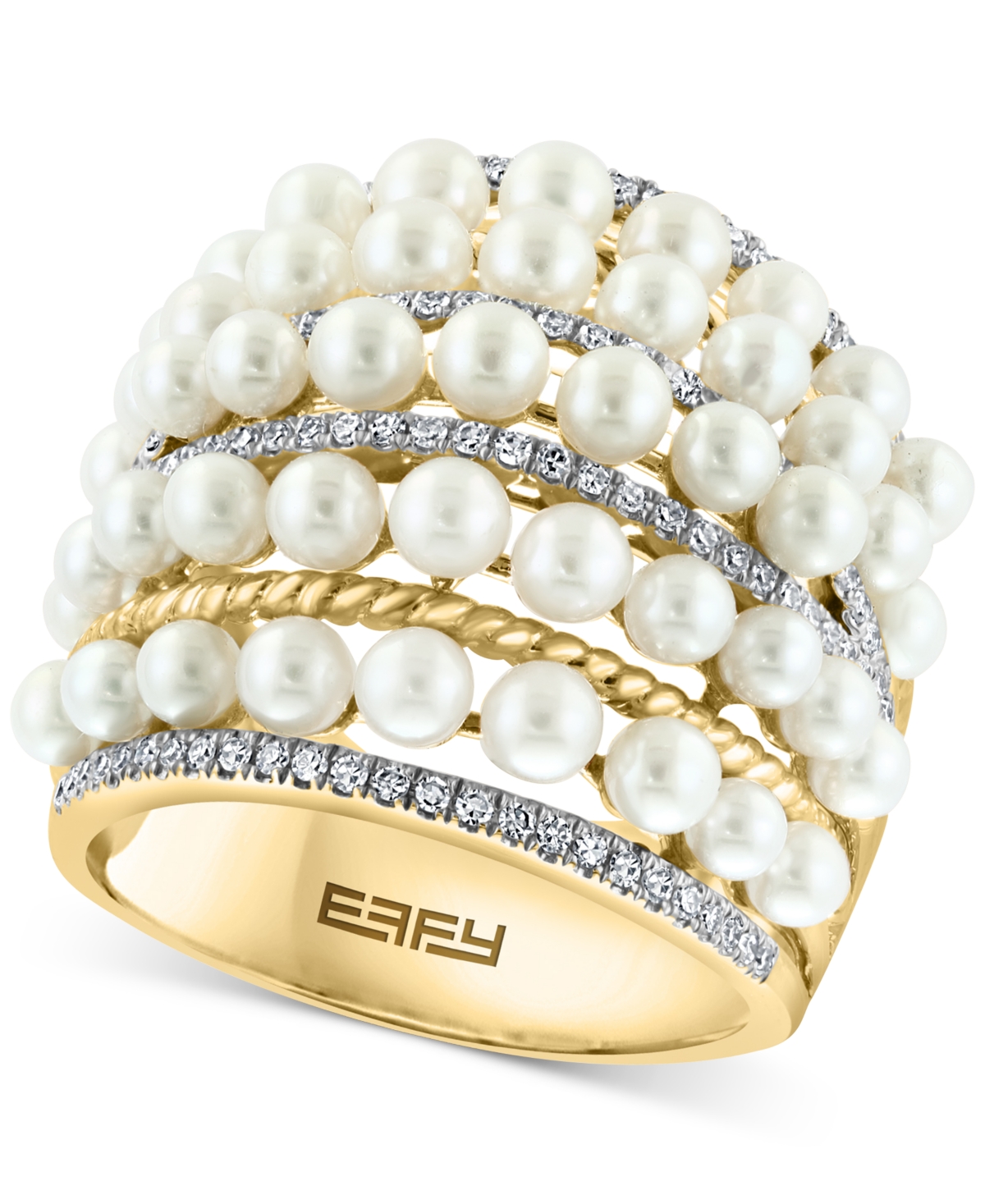 Effy Cultured Freshwater Pearl (4mm) & Diamond (3/8 ct. t.w.) Multirow Statement Ring in 14k Gold - Gold