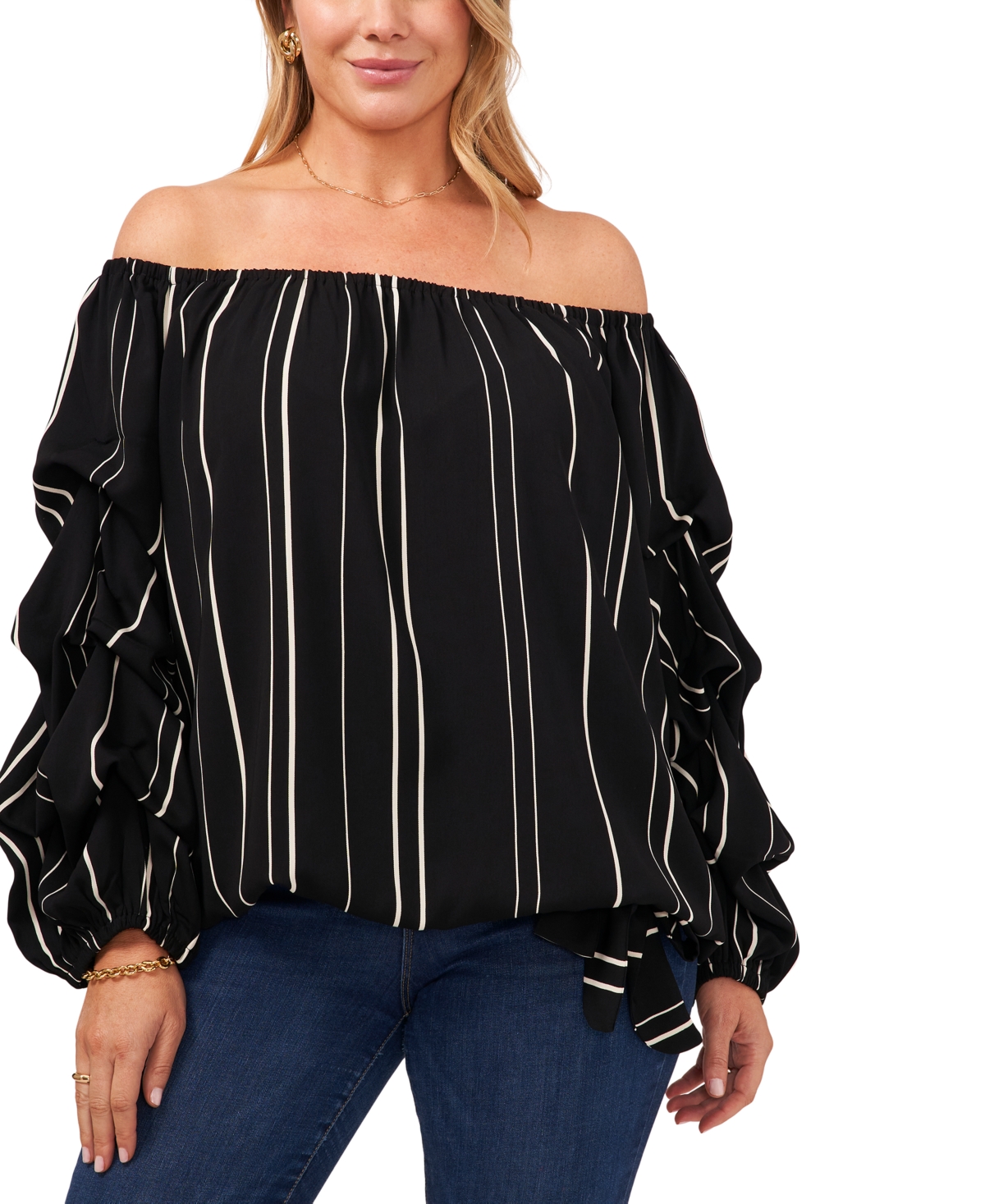 Vince Camuto Plus Size Striped Gathered-Sleeve Top