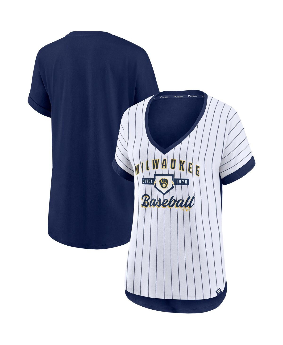 Fanatics Women's White, Navy Milwaukee Brewers Iconic Noise Factor Pinstripe V-neck T-shirt In White,navy