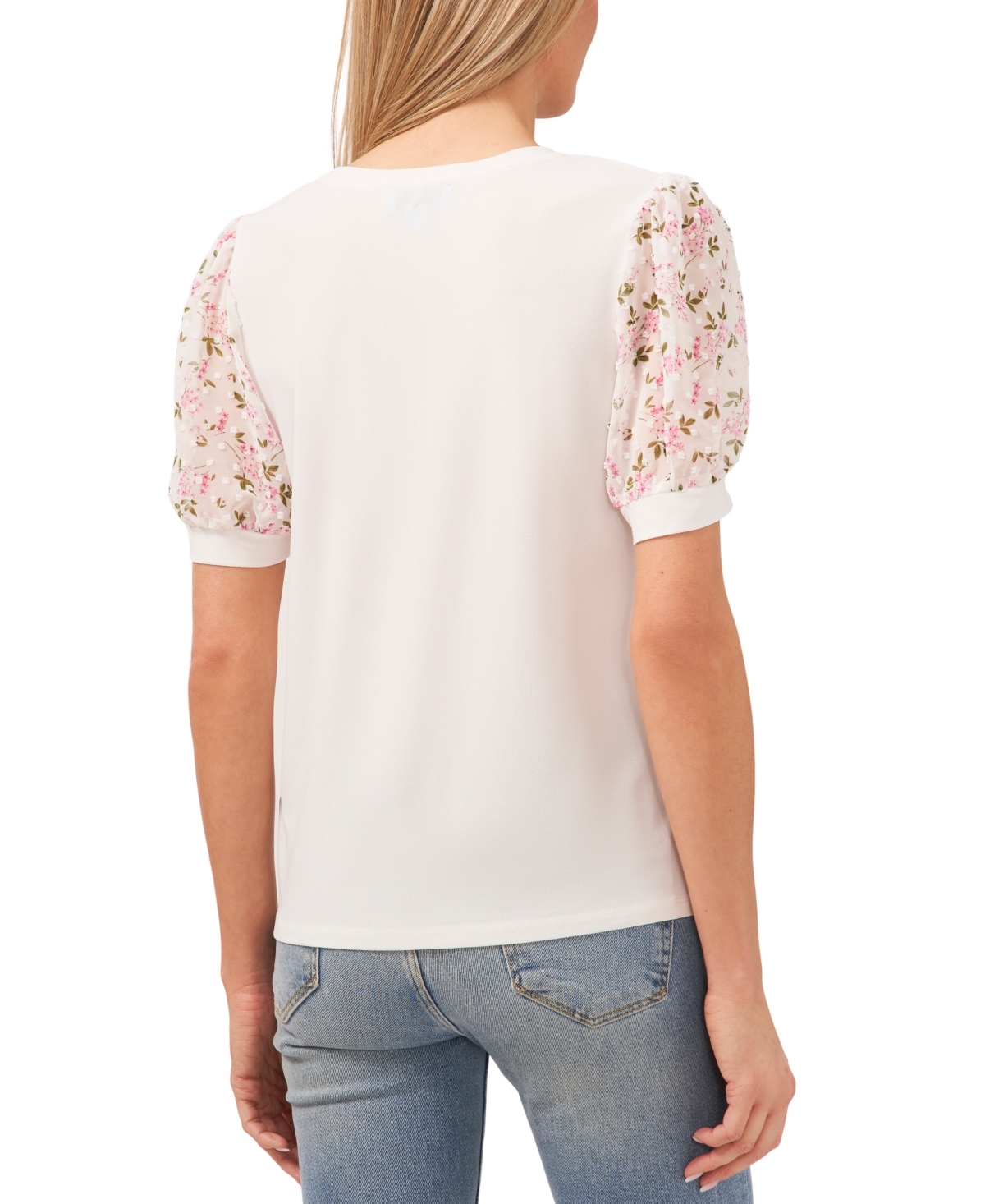 CeCe Women's Mixed Media Puff Sleeve Bouquet Knit Top