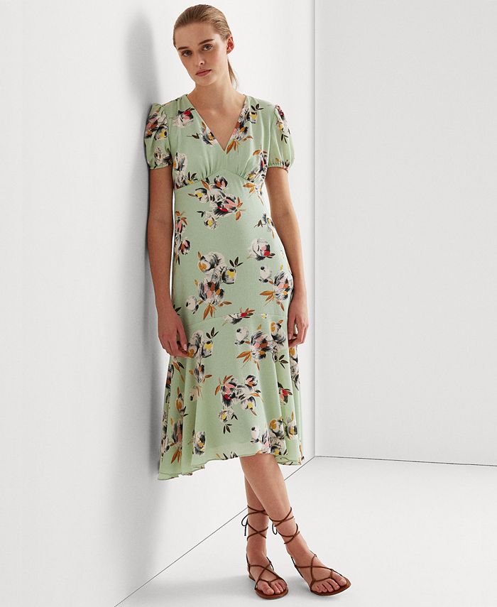 Lauren Ralph Lauren Floral Crepe Puff-Sleeve Dress - Macy's