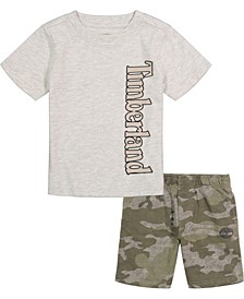 Baby Boys 2 Piece Short Sleeves Heather Logo T-shirt and Camo Terry Shorts Set