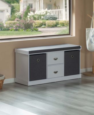 White Shoe Storage Bench with Wooden Frame, 2 Drawers, Foldable Baskets, and Comfortable Gray Cushion for Entryway, Hallway, or Bedroom Organization