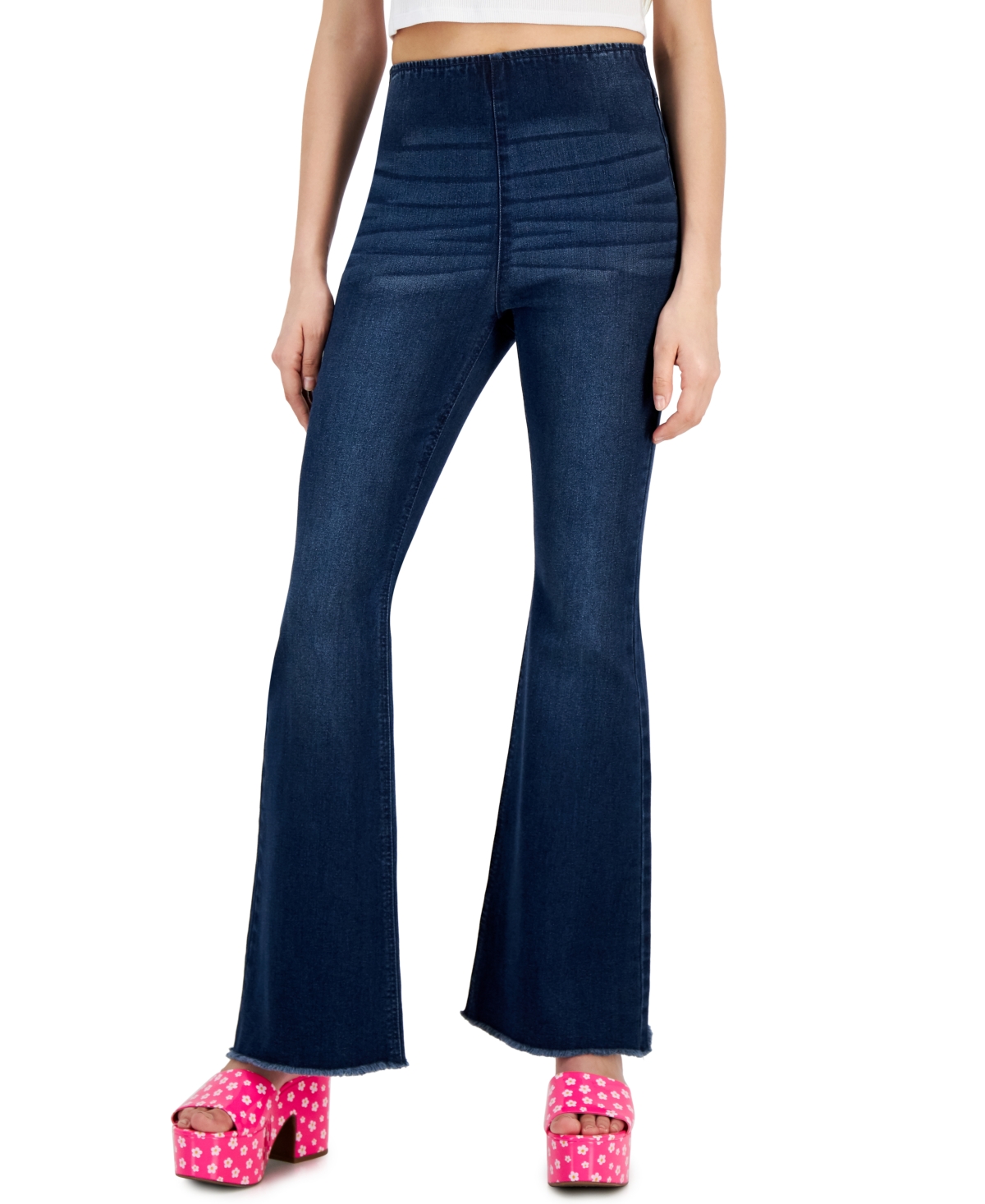 Women's Pull-On Frayed-Hem Flare-Leg Denim Jeans - Dark Wash