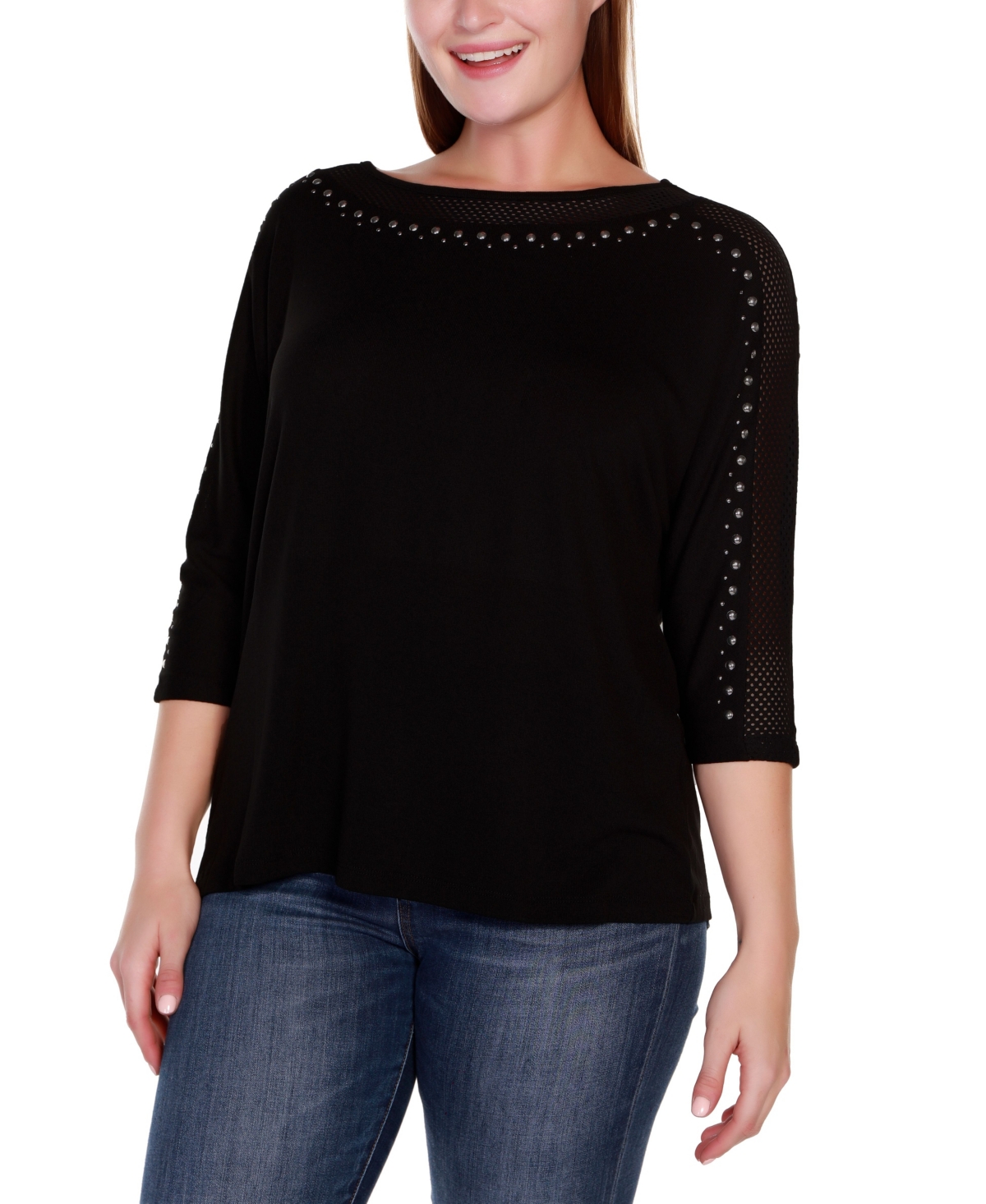 Plus Size Embellished Dolman with Mesh Inset Top - Black