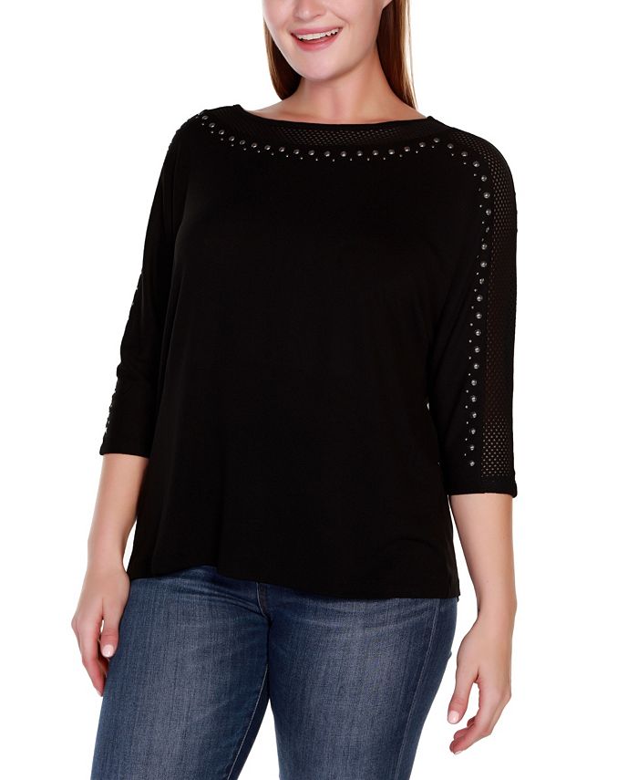 Belldini Plus Size Embellished Dolman with Mesh Inset Top - Macy's