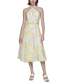 Floral-Print Tea-Length A-Line Dress