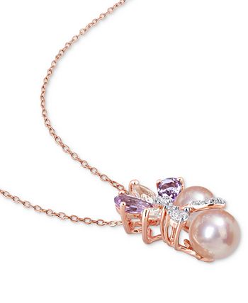 Macy's - Pink Cultured Freshwater Pearl (7 & 8-1/2mm) & Multi-Gemstone (2-1/3 ct. t.w.) Flower Cluster 18" Pendant Necklace in 18K Rose Gold-Plated Sterling Silver