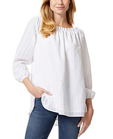 Women's Smocked Neckline Blouse Top with Elastic Cuff Sleeves