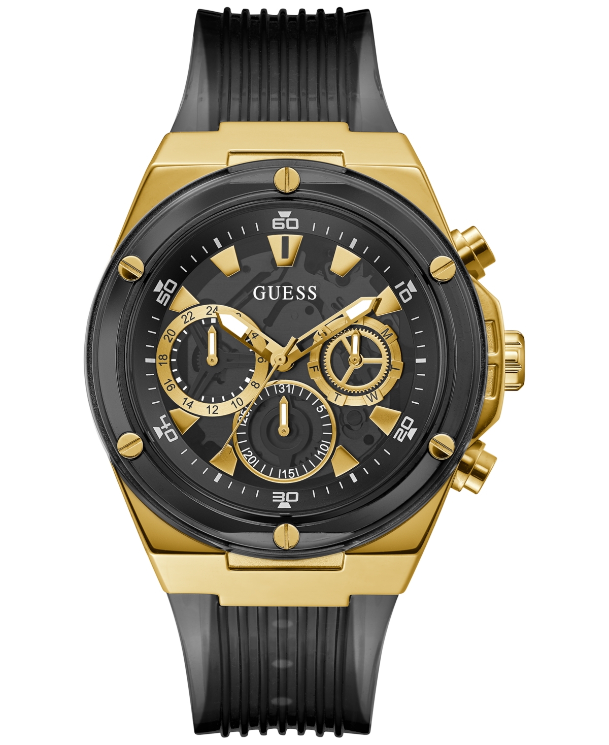 Guess Men's Textured Black Silicone Strap Watch, 46mm