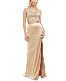 Juniors' Mesh-Detail 2-Pc. Satin Gown, Created for Macy's