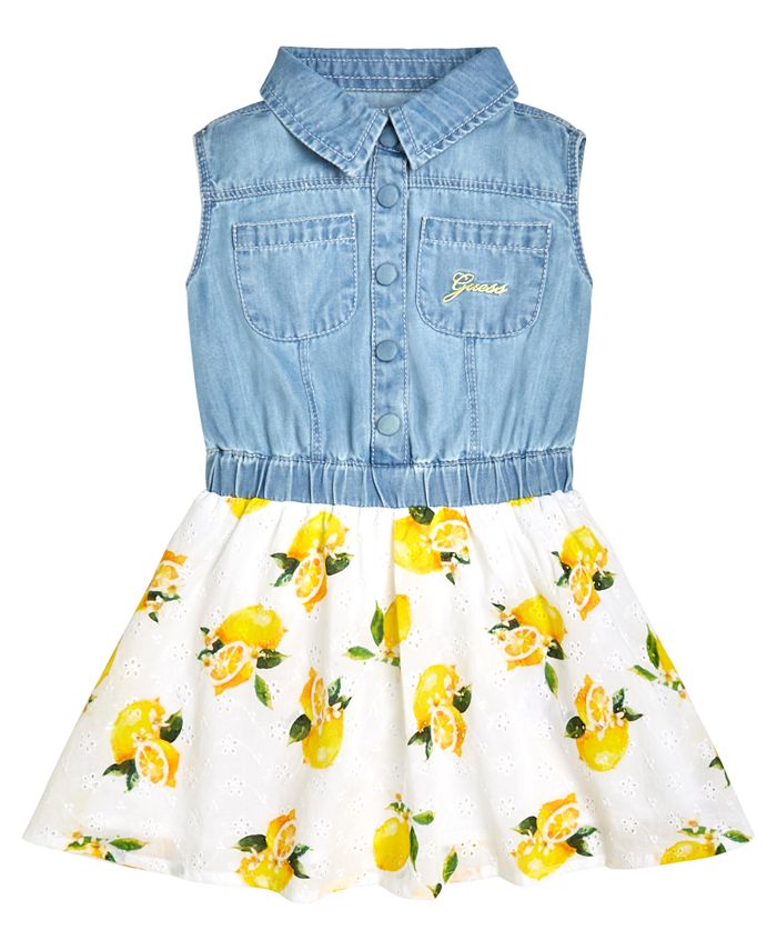 GUESS Little Girls Stretch Denim and Lemon Print Eyelet Dress - Macy's