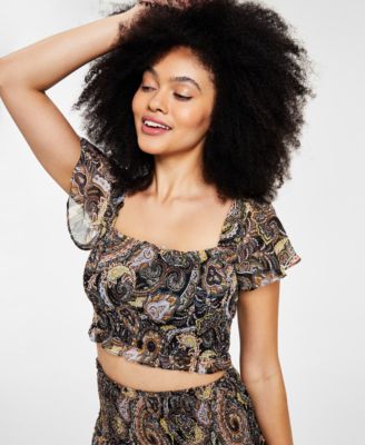 Bar III - Women's Paisley-Print Flutter-Sleeve Crop Top, Created for Macy's