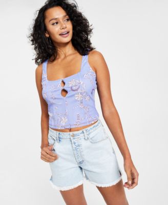 Bar III - Women's Printed Cutout Mesh Top