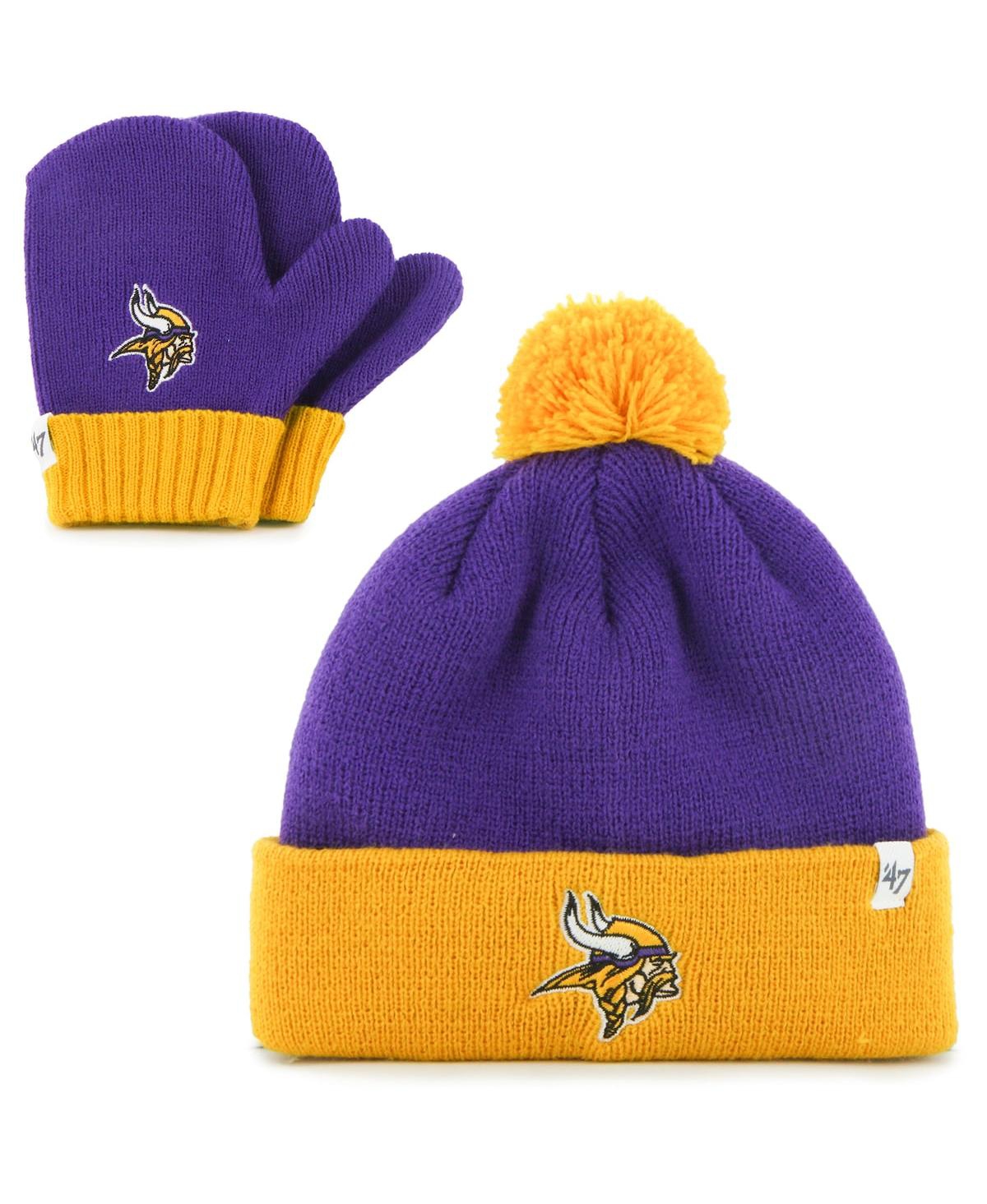 47 Brand Babies' Infant Unisex '47 Purple, Gold Minnesota Vikings Bam Bam Cuffed Knit Hat With Pom And Mittens Set In Purple,gold