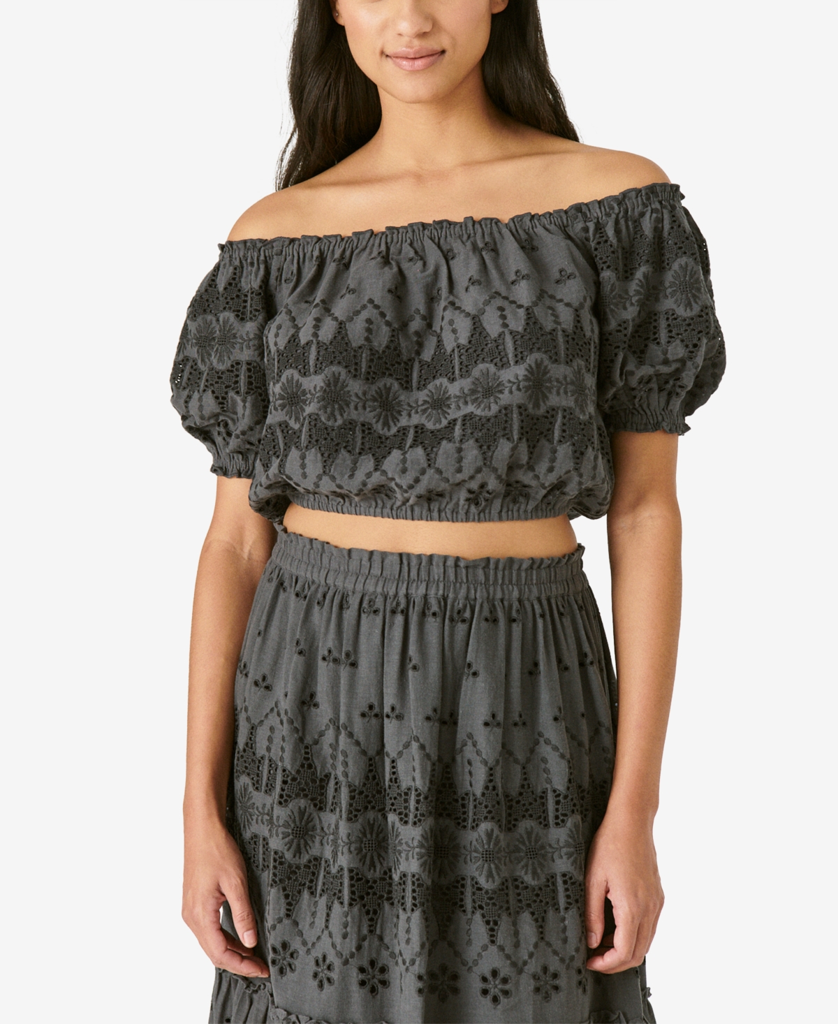 Lucky Brand Off The Shoulder Lace Crop Top In Washed Black