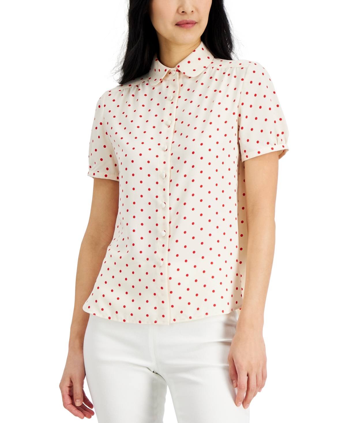 Anne Klein Dot-print Button-up Short-sleeve Blouse In Anne White Combo ...