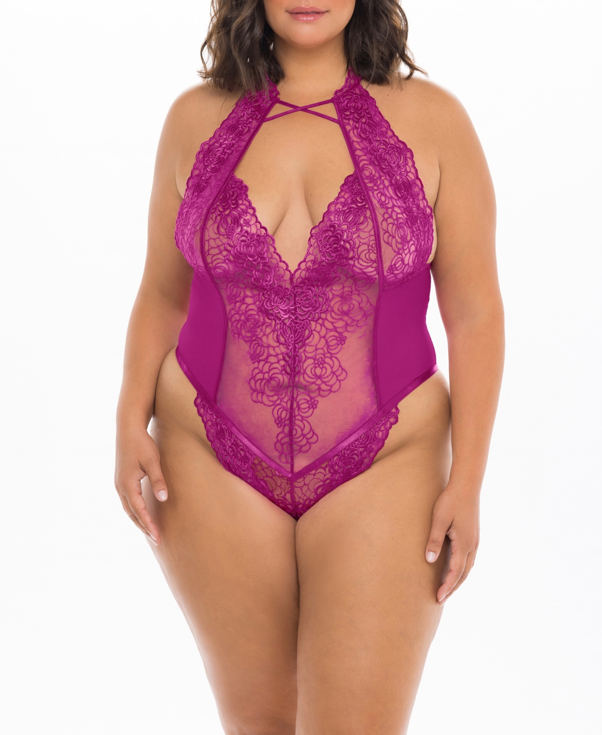 Plus Size High Neck Soft Embroidered Teddy with Crossing Elastic Details - Festival Fuchsia