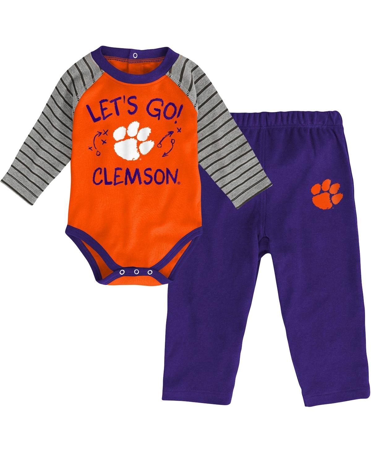 Shop Genuine Stuff Infant Boys And Girls Orange, Purple Clemson Tigers Touchdown 2.0 Raglan Long Sleeve Bodysuit And Pa In Orange,purple