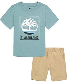 Little Boys Short Sleeve Branded T-shirt and Twill Shorts, 2 Piece Set