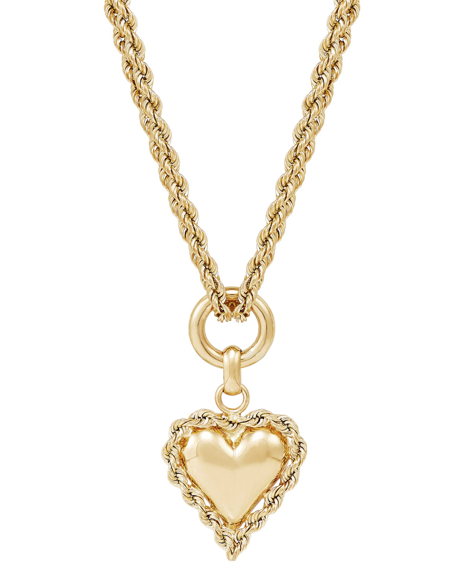 Puff Heart Rope-Framed 18" Pendant Necklace in 10k Yellow Gold