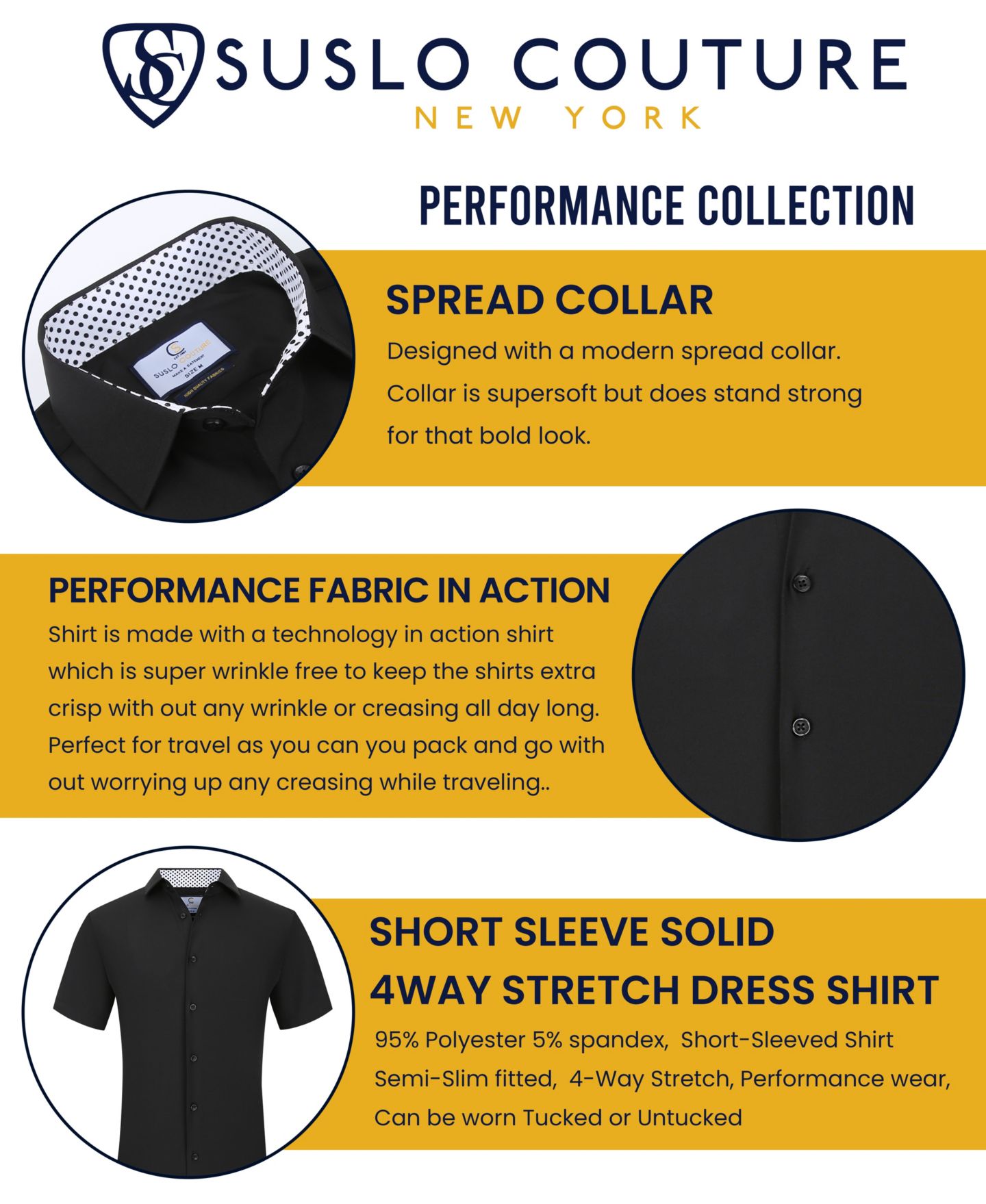 Мужская рубашка Suslo Couture Slim Fit Performance Short Sleeves Solid Button Down Shirt, цвет: Чёрный, вариант 1 — фото 3