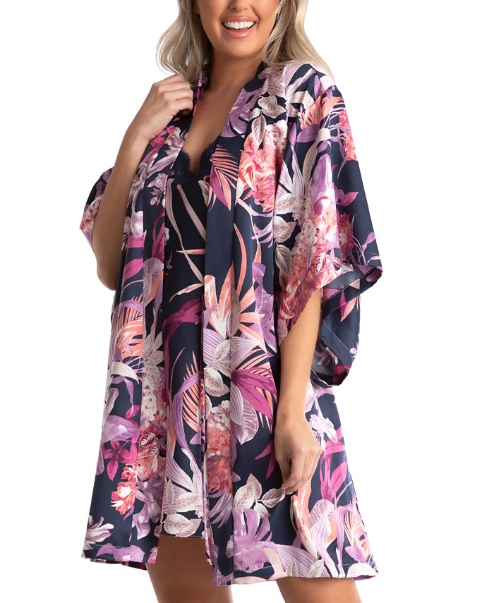 Linea Donatella Women's Mina Satin Tropical-Print Wrap Robe, Chemise ...
