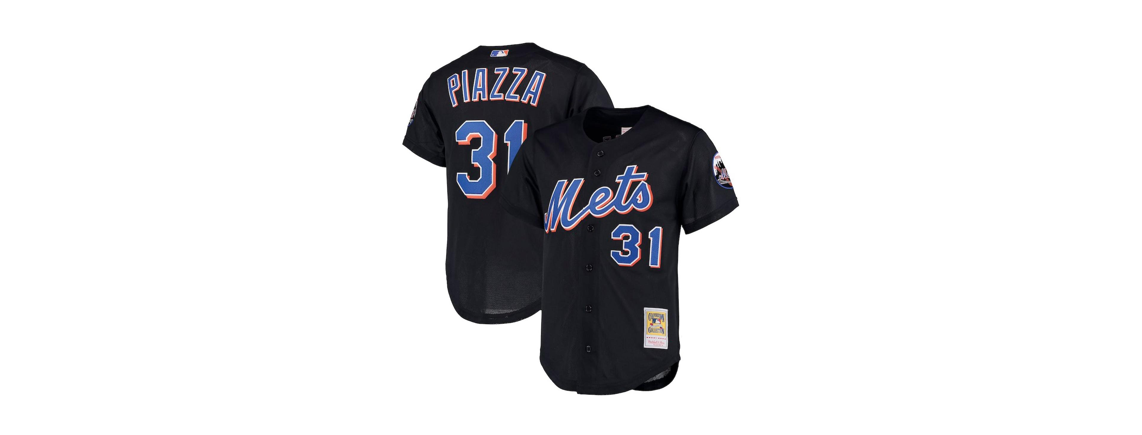 Men's Mike Piazza Black New York Mets Big and Tall Cooperstown Collection Mesh Button-Up Jersey