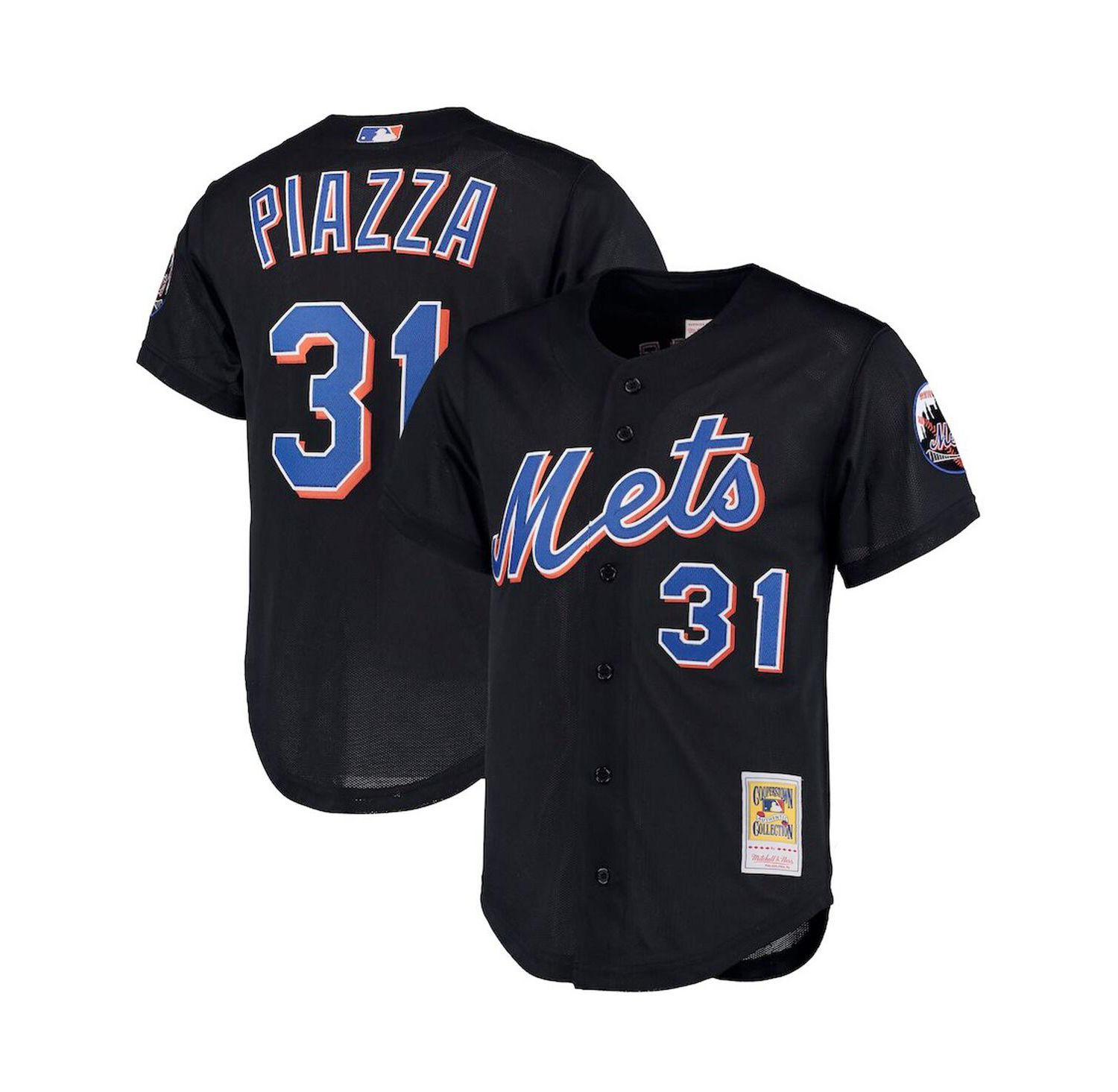 Men's Mike Piazza Black New York Mets Big and Tall Cooperstown Collection Mesh Button-Up Jersey