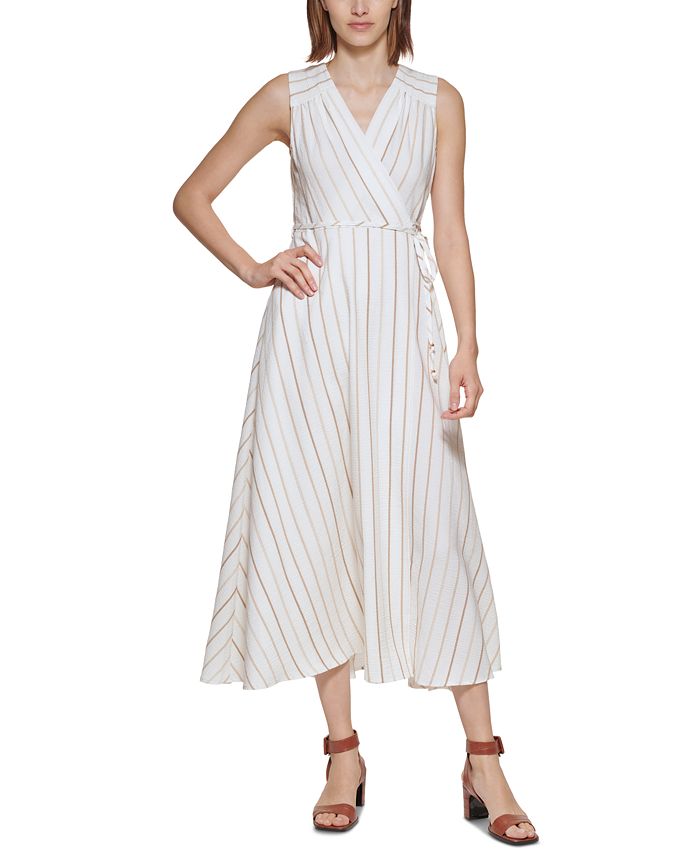 Calvin Klein Women's Striped V-Neck Faux-Wrap Dress & Reviews - Dresses ...