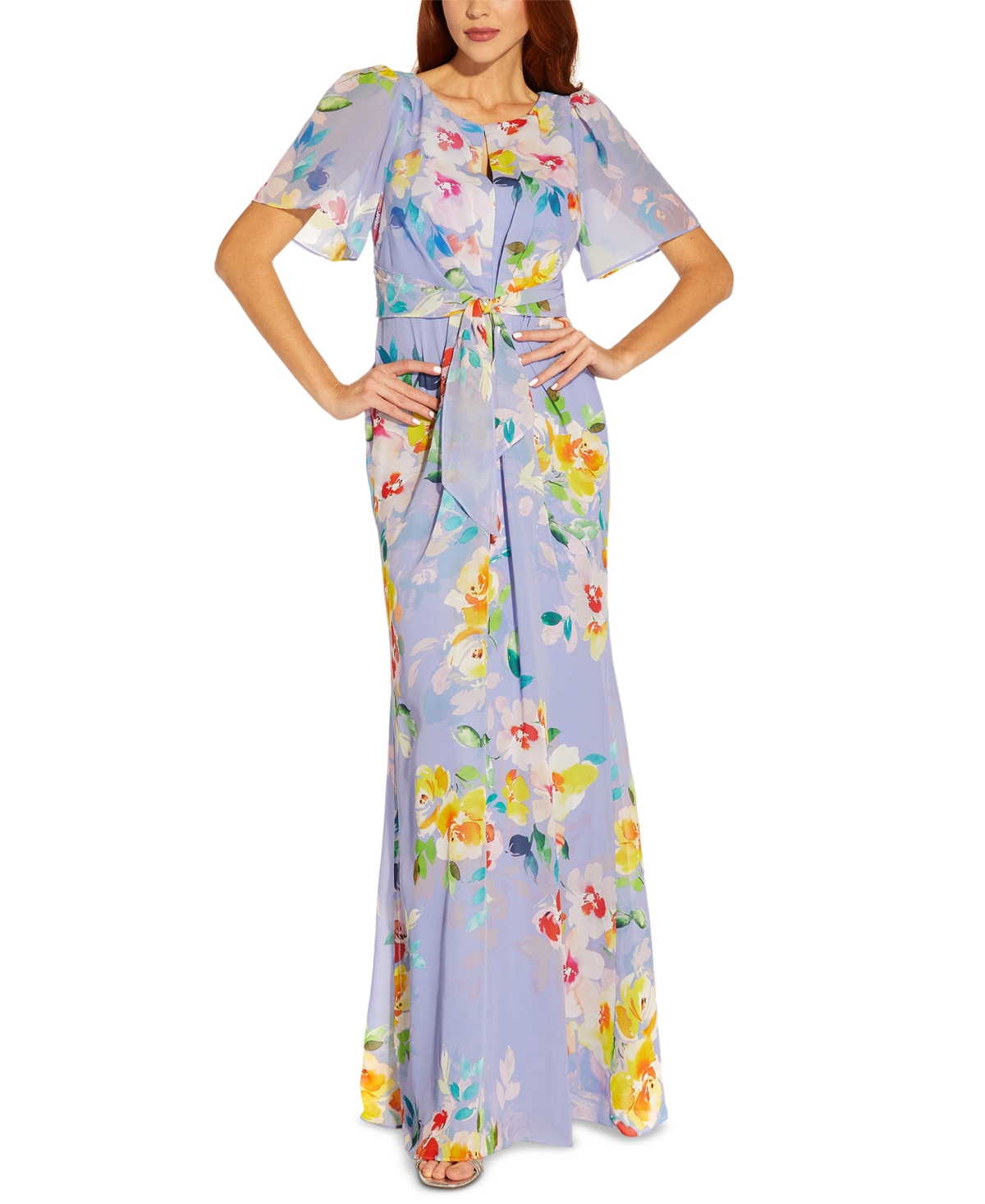Adrianna Papell Floral Print Chiffon Gown In Peri Multi | ModeSens