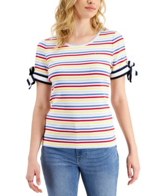 Tommy Hilfiger - Women's Cotton Striped Tie-Sleeve T-Shirt