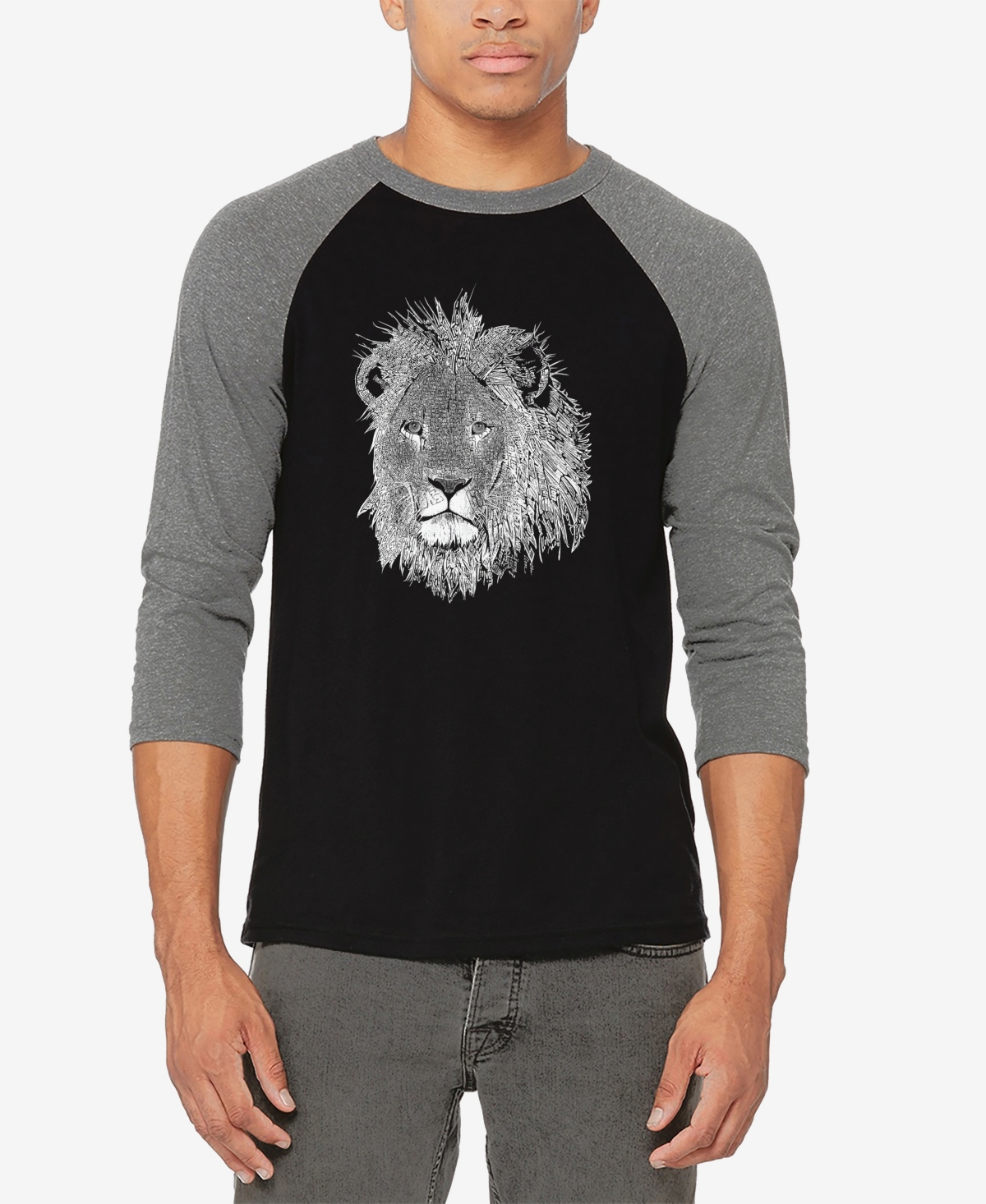 Men's Raglan Baseball Word Art Lion T-shirt - Gray and Black