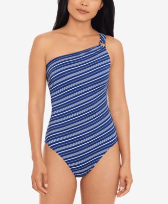 로렌 랄프로렌 Lauren Ralph Lauren Womens Striped One-Shoulder Tummy-Control One-Piece Swimsuit,Blue & White