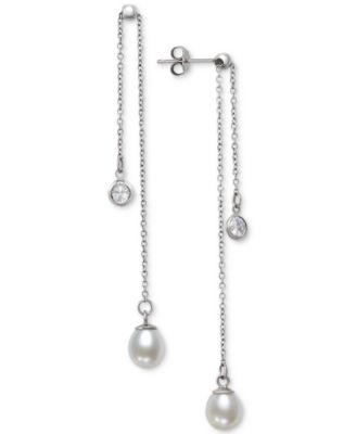 Belle de Mer - Cultured Freshwater Pearl (6-7mm) & Cubic Zirconia Double Chain Drop Earrings in Sterling Silver