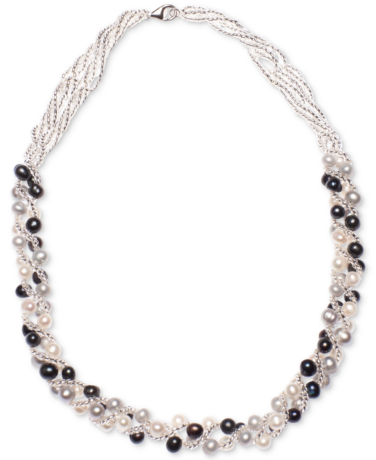 Cultured Freshwater Pearl Woven Necklace (4mm) & Stud Earrings (6mm) Set in Sterling Silver -Gray/Peacock