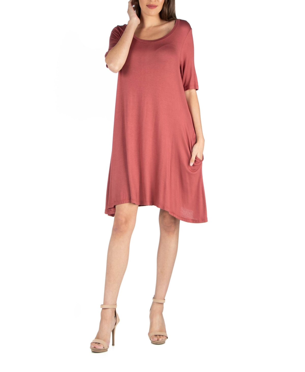 Soft Flare T-Shirt Dress with Pocket Detail - Cinnamon
