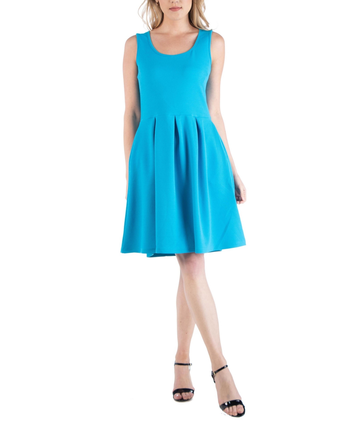 Sleeveless Skater Pleated Mini Dress with Pockets - Turquoise