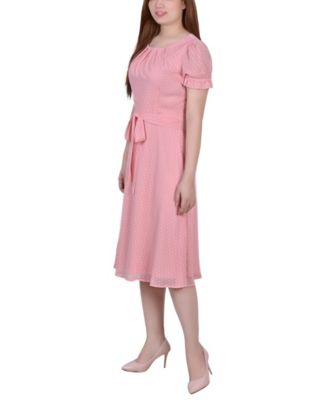 Petite Short Sleeve Belted Swiss Dot Dress