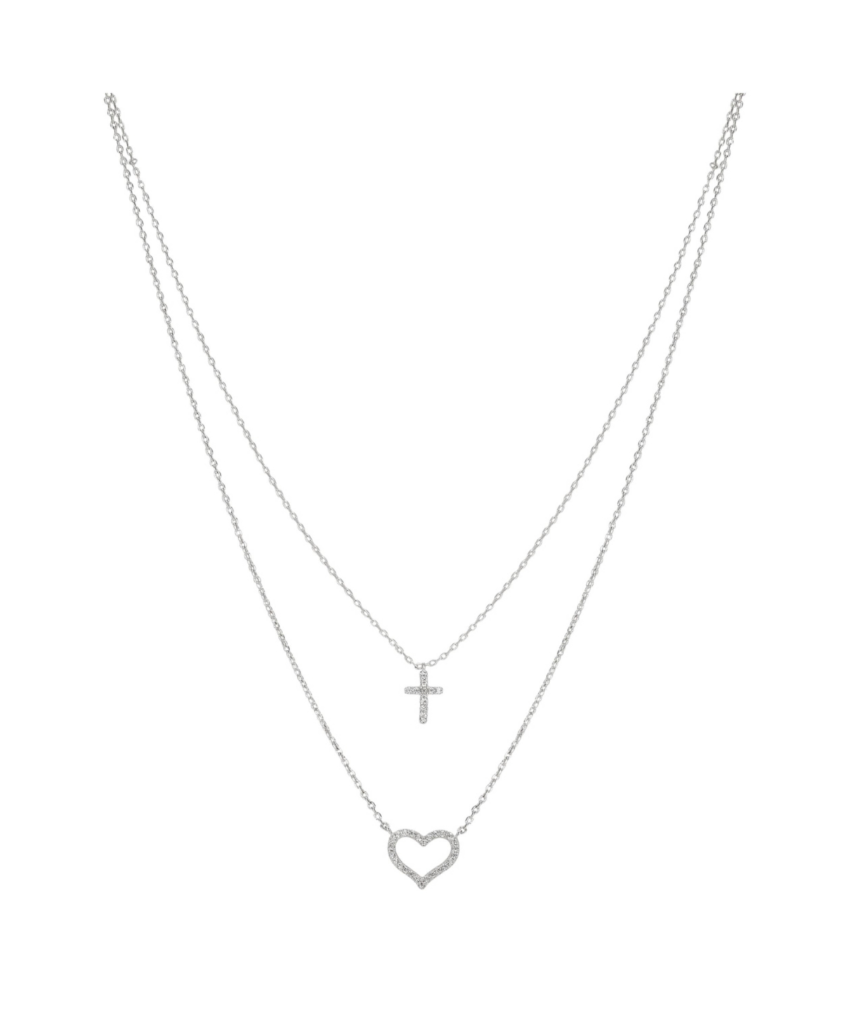Fine Silver Plated Cubic Zirconia Cross and Heart Layered Pendant Necklace - Silver-tone